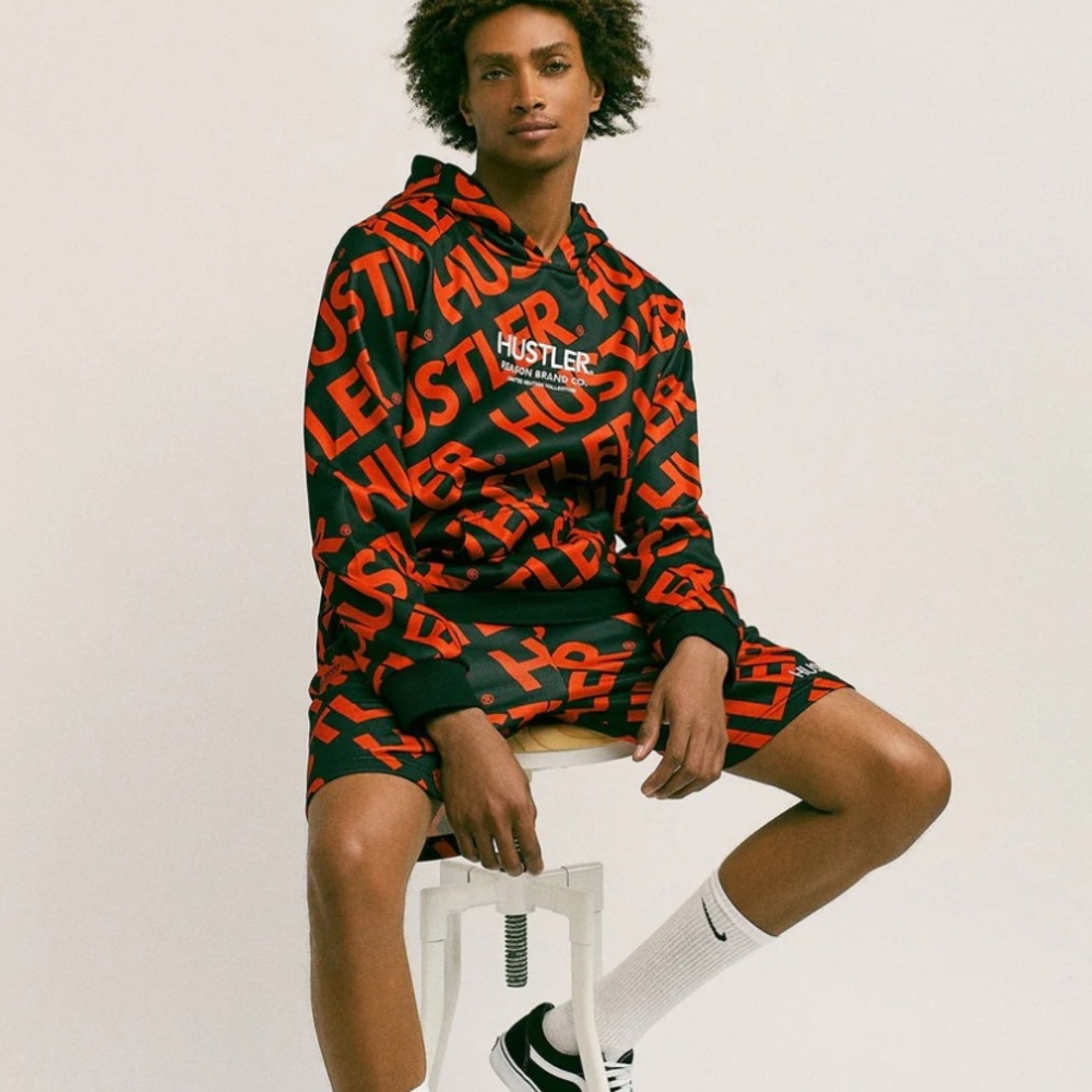 Mens Red/Black Hustler Hoodie and Short Set - Size L